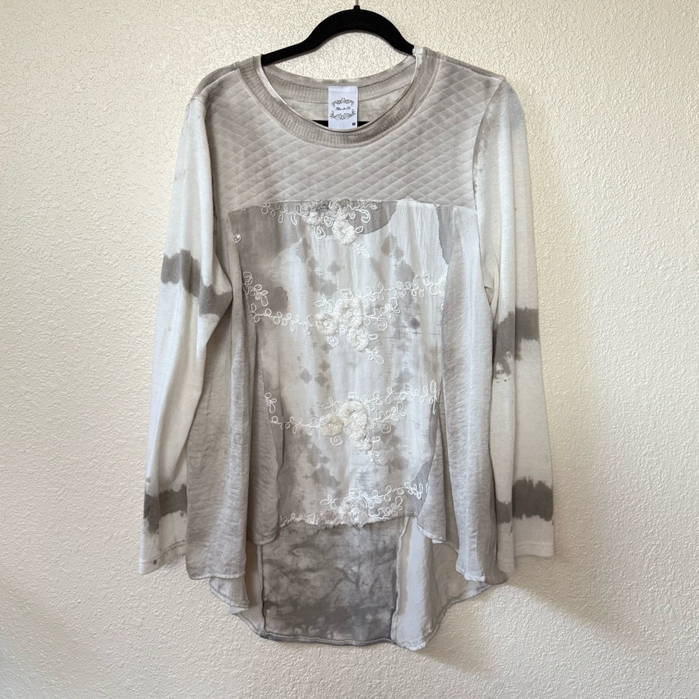 Fleur De Lis Cream & Gray Mixed Media Lagenlook Long Sleeve Top Medium